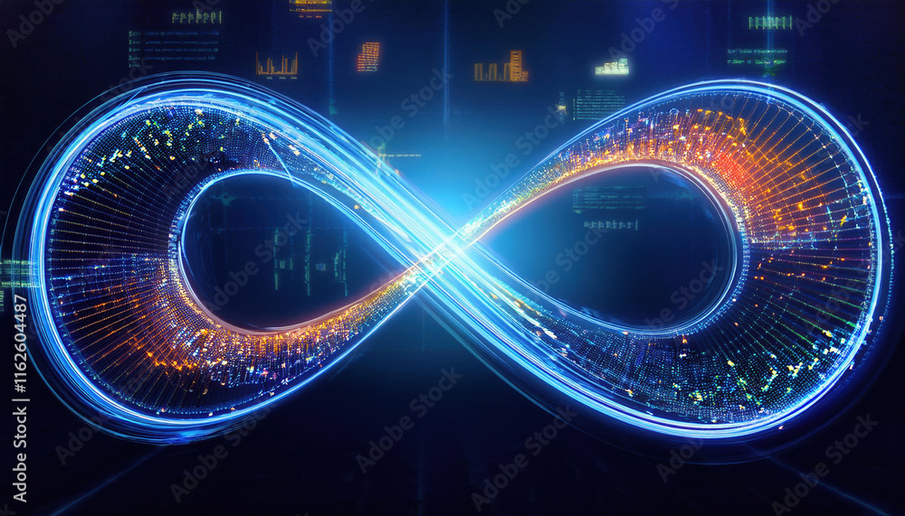 Poster glowing infinity loop symbolizing continuous data flow and cycles, with vibrant visualizations