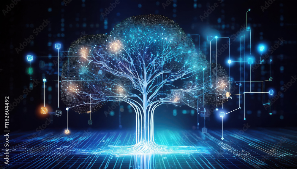 Poster symbolic tree with glowing data points branching into charts, graphs, and neural pathways, represent