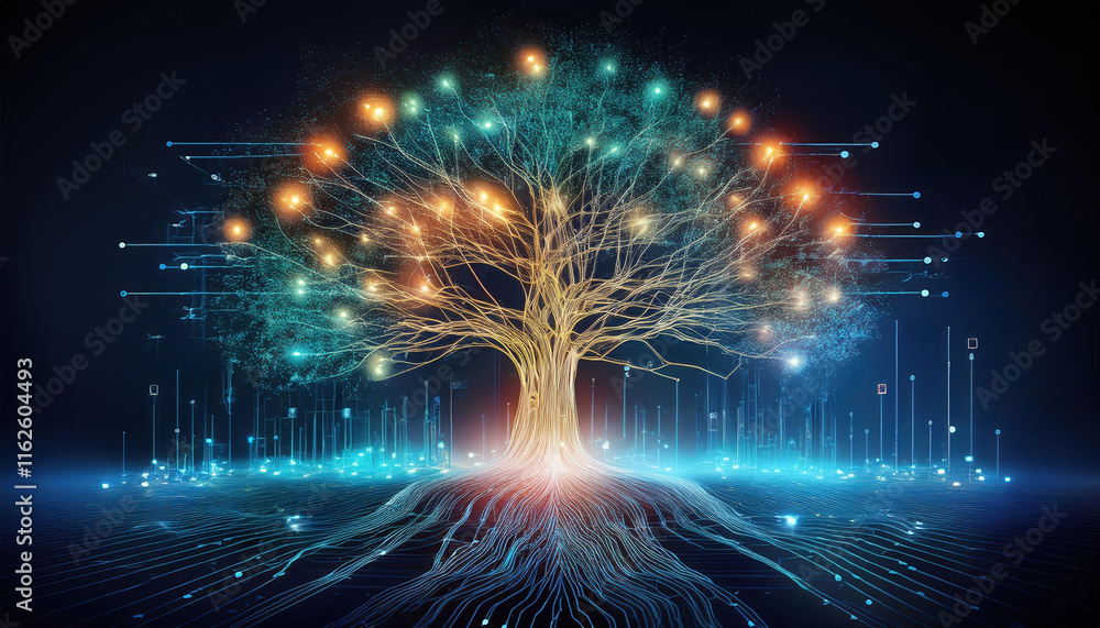 Poster symbolic tree with glowing data points branching into charts, graphs, and neural pathways, representing growth and connectivity