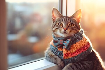 Cozy feline styling knitted vest and bowtie basking near window, soaking golden afternoon sunlight