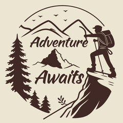 Design a T-shirt featuring a hiker silhouette, nature elements, rugged terrain, and the motivational phrase "Adventure Awaits."