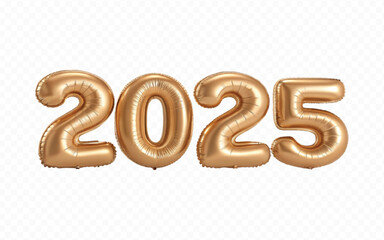 abstract 3d 2025 text  made with different golden colour  hellium balloons isolated on white background