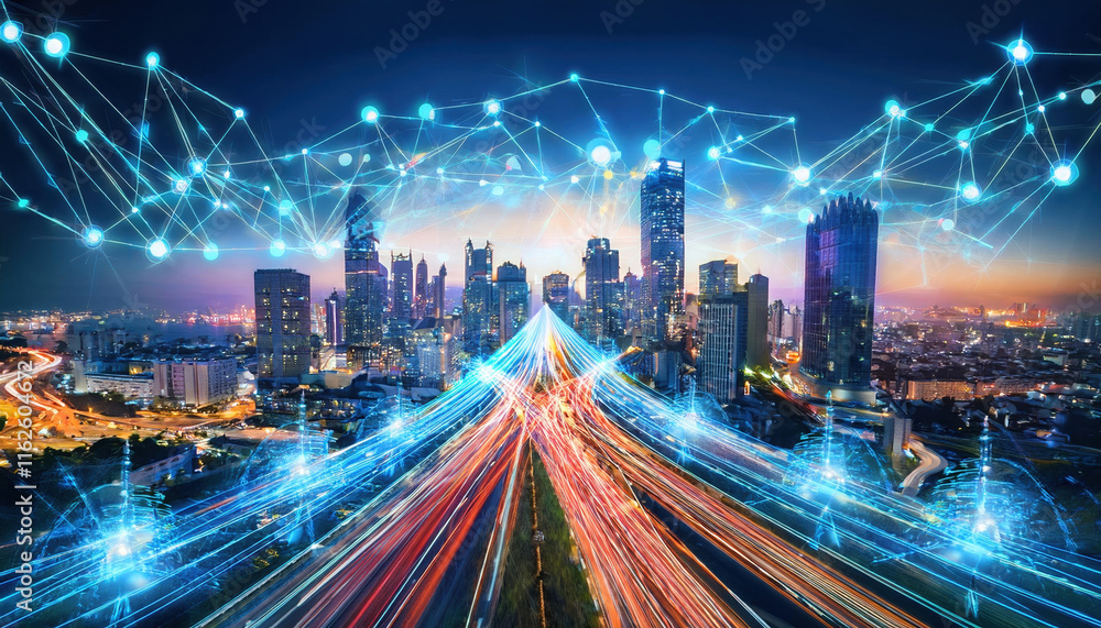 Poster vibrant cityscape with glowing arrows and data streams connecting various points, showcasing dynamic