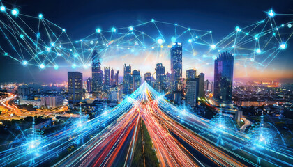 Fototapeta premium vibrant cityscape with glowing arrows and data streams connecting various points, showcasing dynamic energy of urban life