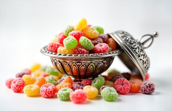 Colorful sugared Turkish candies Akide Sekeri displayed in decorative silver bowl. Bowl ornate, lid. Candies various colors, sugared coating. Candies piled high in bowl, spilled out around. Ramadan