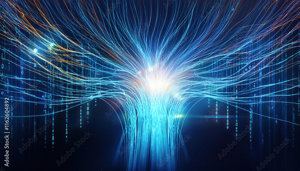 Poster vibrant illustration of binary code streams flowing through glowing neural network, showcasing beaut