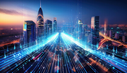 Obraz premium vibrant cityscape with glowing data streams flowing between skyscrapers, symbolizing future of technology and connectivity