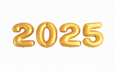 abstract 3d 2025 text  made with different golden colour  hellium balloons isolated on white background