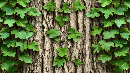 Lush green ivy leaves climbing a textured tree trunk, creating a natural, vibrant pattern. Perfect for nature, botanical, and design projects.