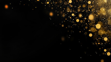 Festive golden bokeh and dust particles shimmering in the air,  gold lights and dark background with copy space