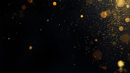 Festive golden bokeh dust particles shimmering in the air,  gold glitter lights and dark background with copy space