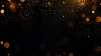 Golden dust shimmering bokeh. Glowing gold glitter particles abstract background, warn festive overlay