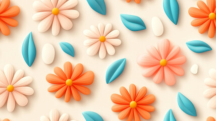 Fototapeta premium Colorful flowers and leaves in playful arrangement on light background, creating cheerful and vibrant atmosphere. Perfect for spring themed designs
