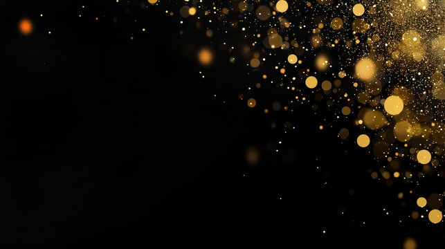 Festive golden bokeh and dust particles shimmering in the air,  gold lights and dark background with copy space