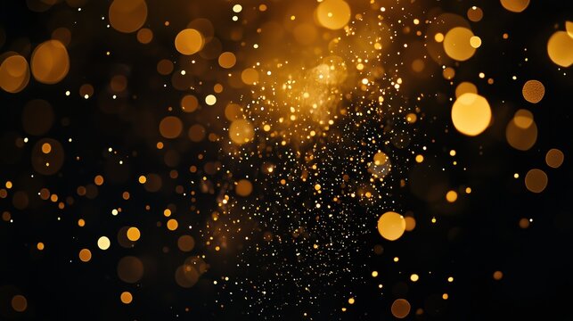 Golden dust shimmering bokeh. Glowing gold glitter particles abstract background, warn festive overlay