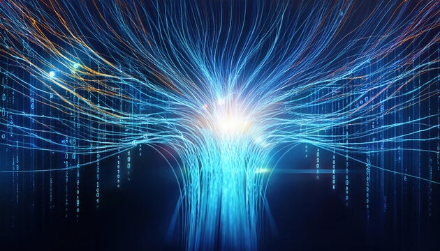vibrant illustration of binary code streams flowing through glowing neural network, showcasing beauty of technology and data