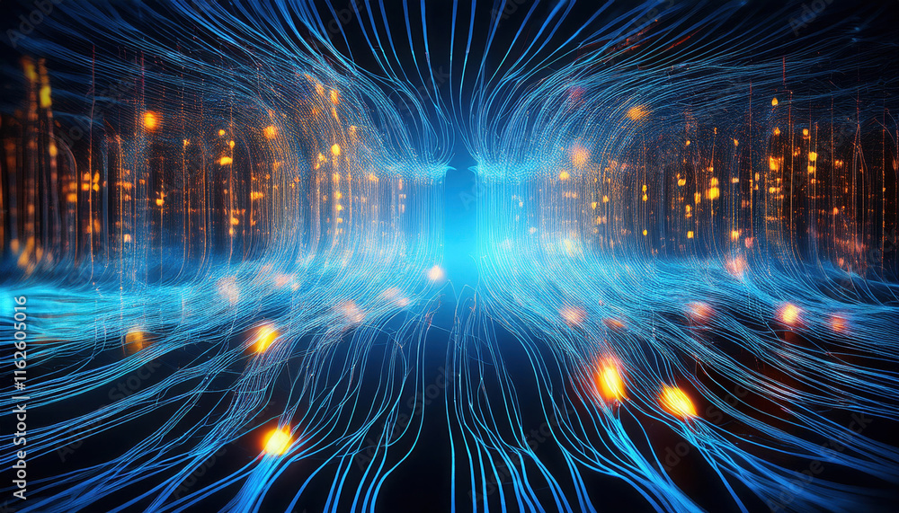 Poster vibrant illustration of glowing neural networks with binary code streams flowing through, creating m
