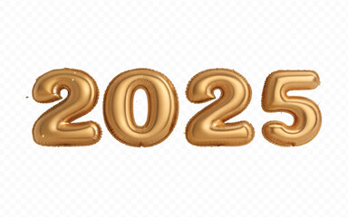 abstract 3d 2025 text  made with different golden colour  hellium balloons isolated on white background