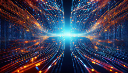 vibrant illustration of glowing binary code streams flowing through neural network, creating dynamic and energetic visual experience