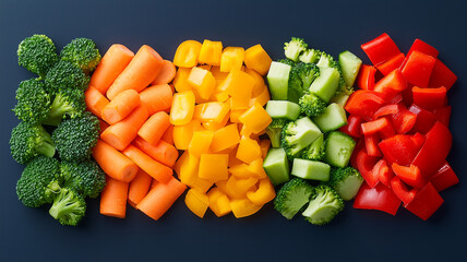 Freshly chopped vegetables arranged in vibrant colors, including broccoli, carrots, yellow bell peppers, green bell peppers, and red bell peppers, creating healthy and colorful display