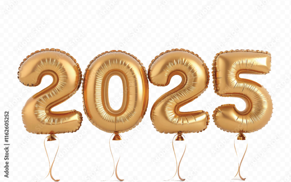 Fototapete abstract 3d 2025 text made with different golden colour hellium balloons isolated on white backgroun