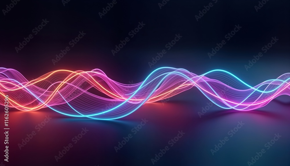 Aufkleber Abstract neon wavy lines create futuristic background. Colorful glowing lines in pink, blue shades form smooth flowing patterns. Dark background with vibrant light. Dynamic energy, tech aesthetic,