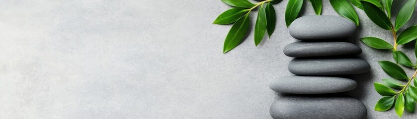Obraz premium A serene arrangement of stacked stones complemented by lush green leaves, symbolizing balance and tranquility in a minimalist setting.
