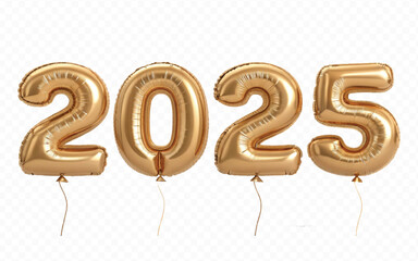 abstract 3d 2025 text  made with different golden colour  hellium balloons isolated on white background