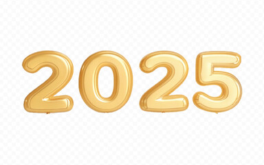 abstract 3d 2025 text  made with different golden colour  hellium balloons isolated on white background