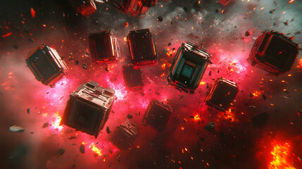 Exploding red cubes falling through fiery space; abstract digital art, futuristic concept.