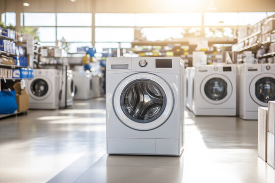 Modern washing machine on display in a bright appliance store showroom, surrounded by other home appliances under soft natural lighting, representing innovation and household technology.