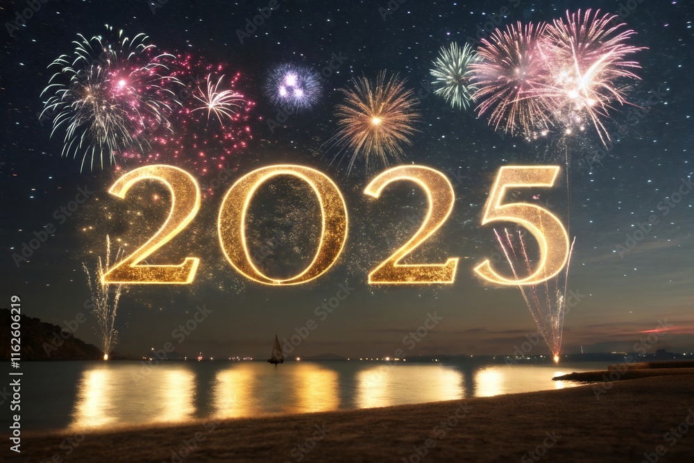 Fototapete 3d numbers 2025 to date on fireworks 2025 logo design element with creative modern concept