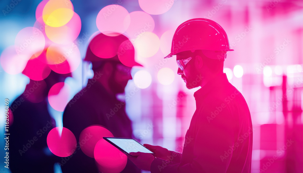 Poster logistics teamwork concept with workers in hard hats using technology, showcasing collaboration and 