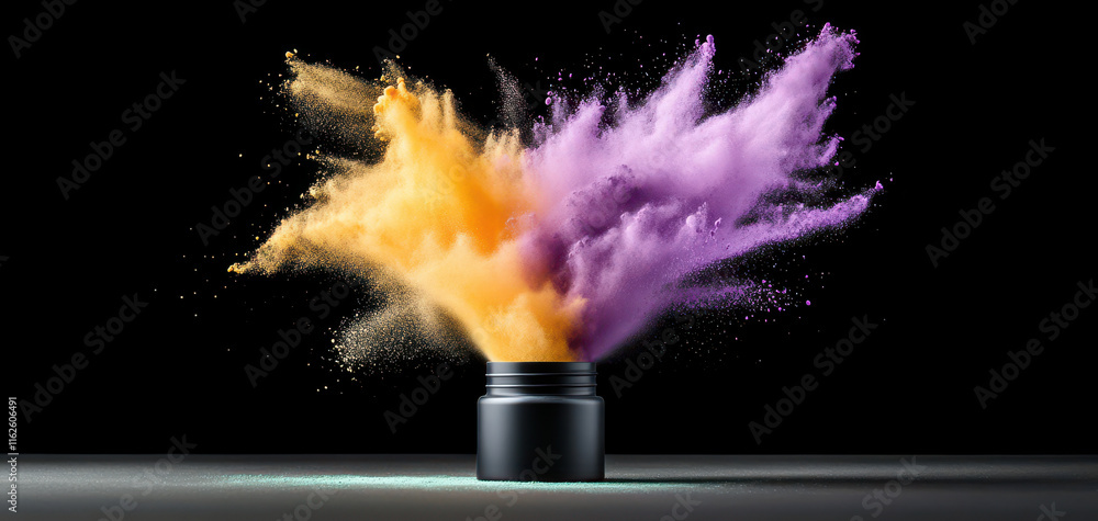 Poster vibrant explosion of purple, yellow, and emerald powder from container, creating dynamic and colorfu