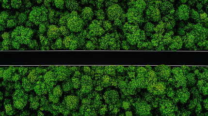 Aerial View of Lush Green Forest with Empty Road in Center