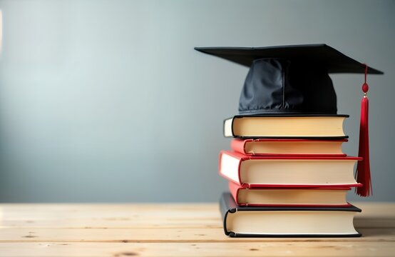 Books, graduation cap on wooden table. Education concept. Learning, knowledge. Lifelong learning. Transition to online learning platforms, AI tutors. Focus on education innovation, trends. Industry