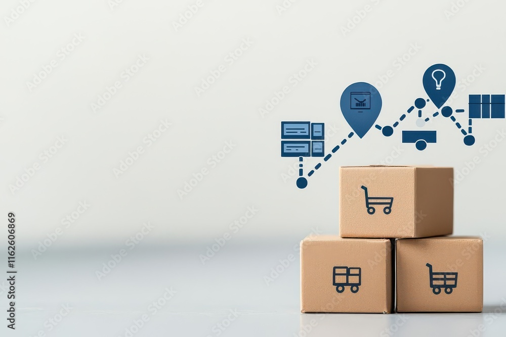 Poster supply chain management concept. flowchart of logistics network, with demand forecasting affecting d