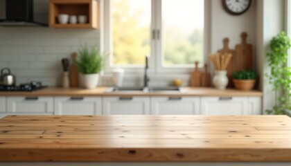 Empty wooden table in front of blurred modern kitchen. Relaxing, stylish setting. Clean minimalist design. Interior shot of home. Natural light. Cosy home environment. Kitchen area blurred. Stylish