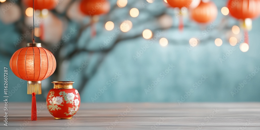 Poster red lantern hangs from a tree branch. a red vase is on a table