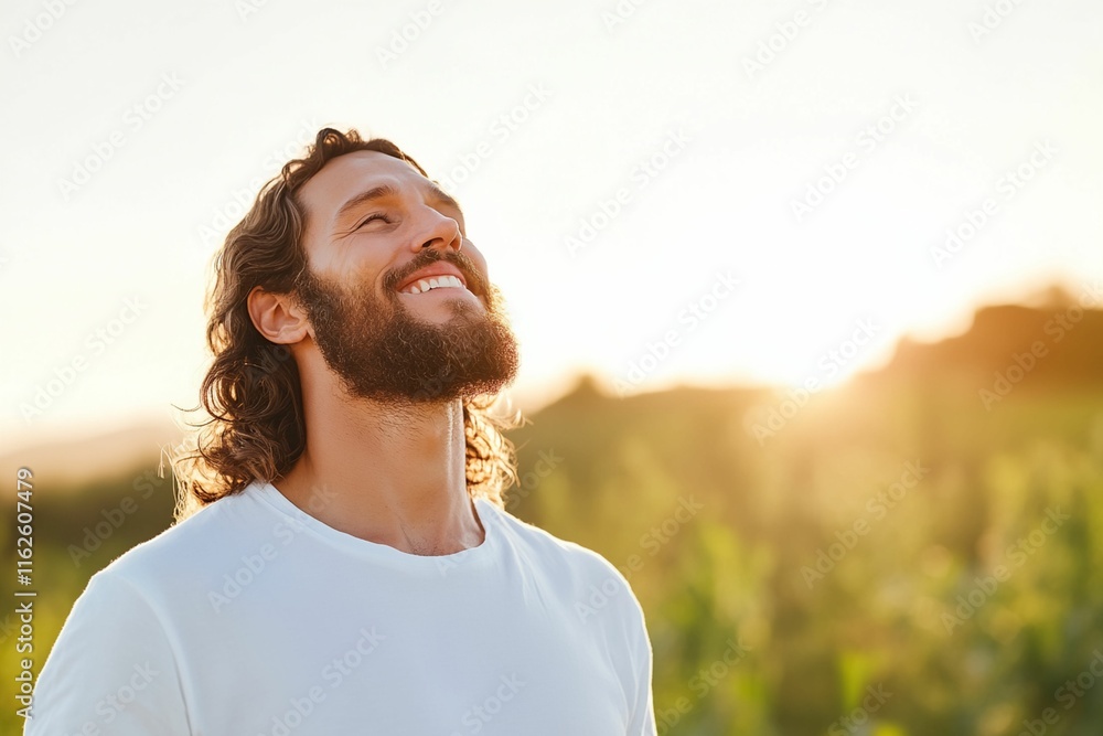 Poster man with a beard and a white shirt is smiling and looking up at the sun. he is standing in a field