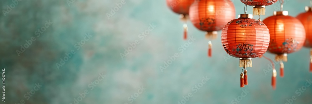 Poster blue wall with a row of red lanterns hanging from it. the lanterns are hanging from the ceiling