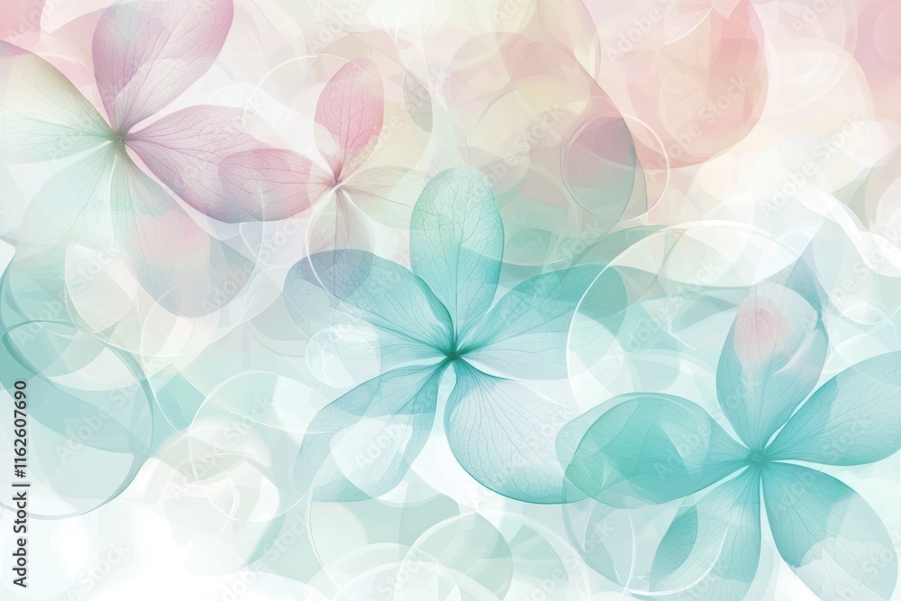 Poster soft airy abstract spring background with overlapping pastel circles and translucent flower motifs