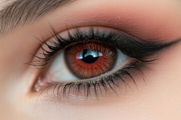 Obraz premium Close-up of a womana??s rich crimson eye, highlighting detailed textures and subtle gradient patterns within the iris, captured in