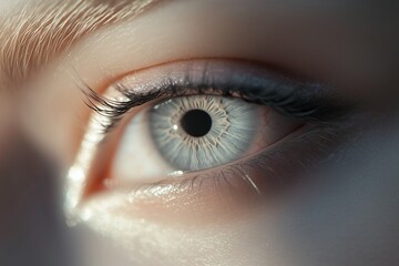 Close-up of a womana??s pale silver-gray eye, with subtle textures and smooth gradient transitions within the iris, captured in