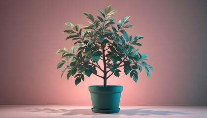 Fototapeta premium Un pequeño árbol en maceta con hojas verdes sobre un fondo rosa suave