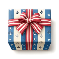 Fototapeta premium A square gift box with a nautical-themed design, wrapped in red, white, and blue striped ribbon, and decorated with anchors and stars.