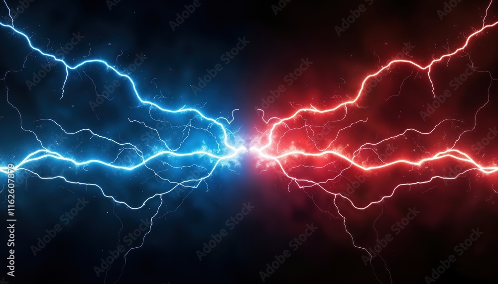 Poster abstract graphic design. powerful clashing blue, red energy. lightning bolts. vibrant contrasting co