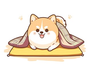 Cute cartoon Shiba Inu dog snuggled under a blanket on a yellow cushion.
