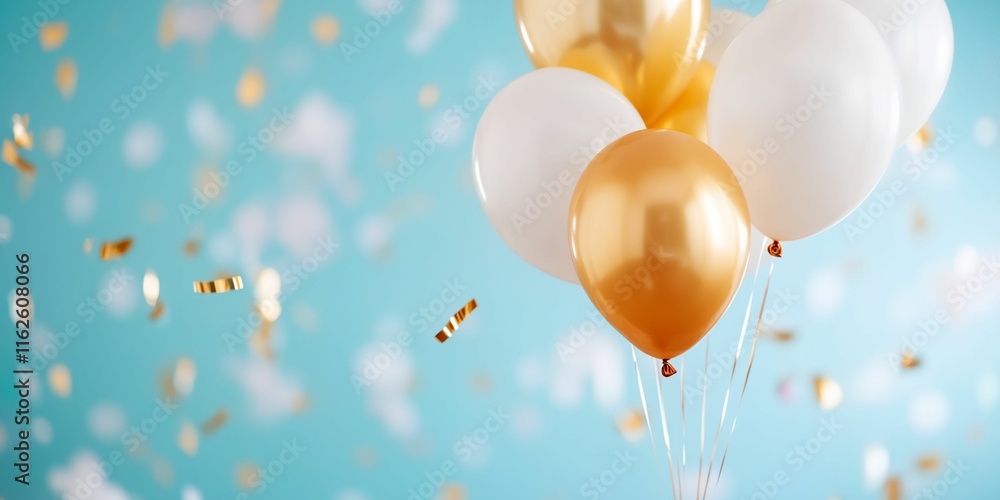 Poster cluster of gold and white balloons is soaring through the sky, creating a festive atmosphere