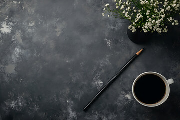 Naklejka premium Dark Concrete Surface with Coffee and Flowers